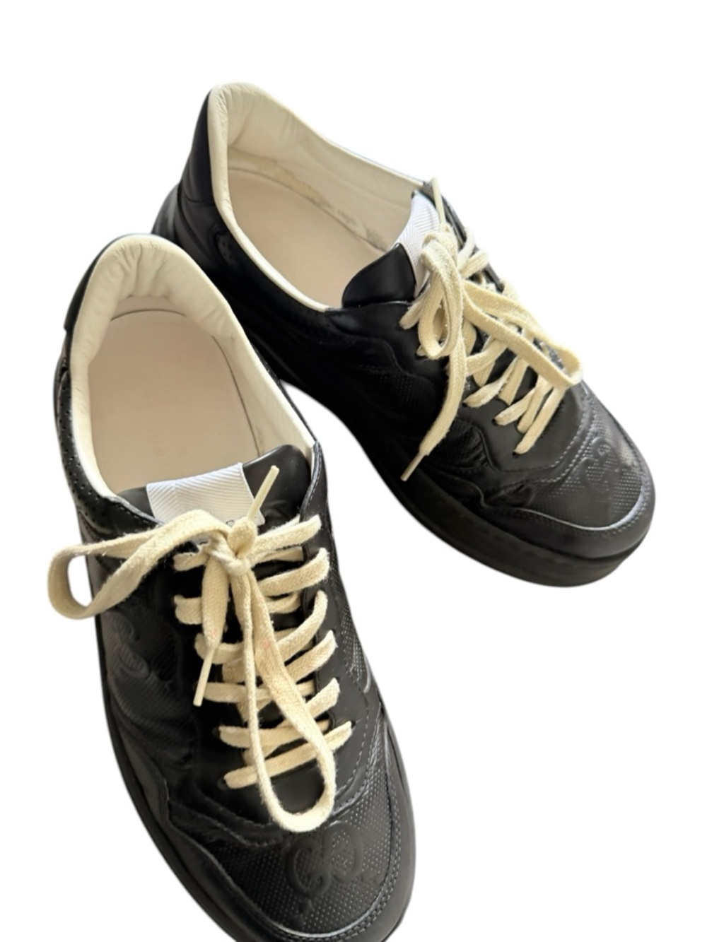 Gucci Embossed  Black Leather Chunky Sneakers with Cream Laces - Picture 4 of 9